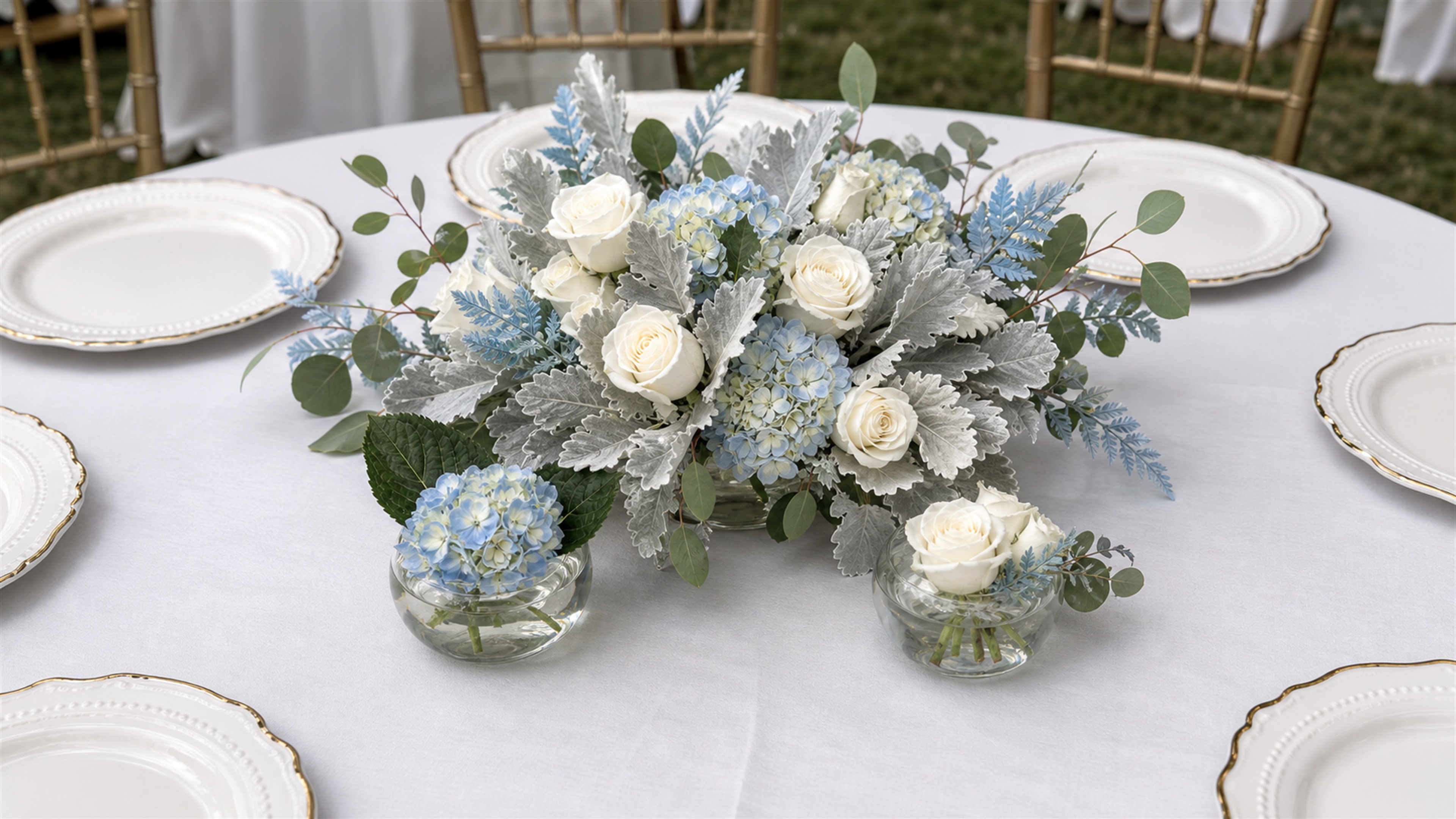 Mesa de evento con arreglo floral